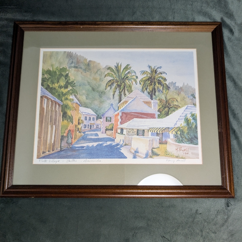 Vtg Bermuda Print Framed Mary Powell print Signed Titled "Flats Village" 1981